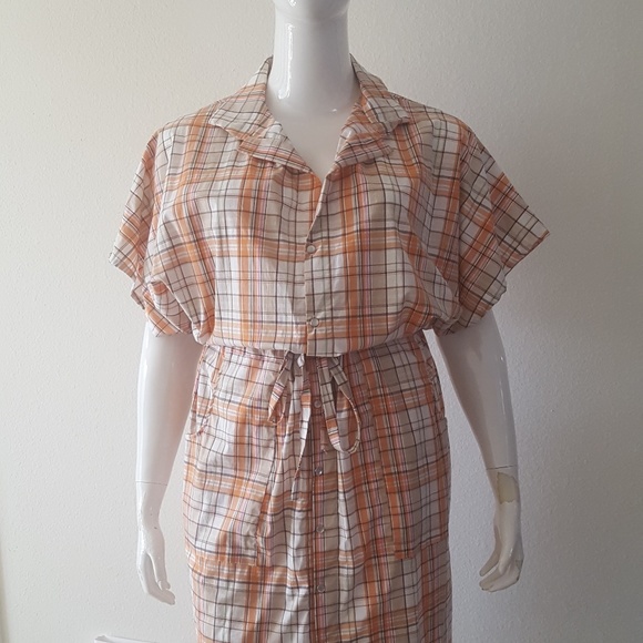 Plaid Drawstring Dress - Casual Collared Short Sleeve Button Down with Pocket - Picture 3 of 8